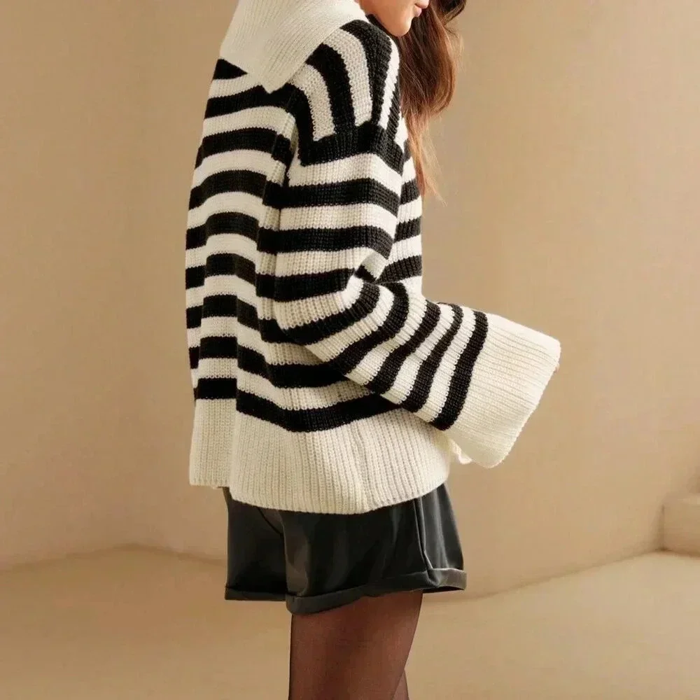 Apricot Casual Women's Striped Color Block Loose Knit Sweater